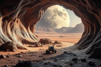 A high-resolution image of a lava tube on Mars or the Moon, with a spacecraft or rover exploring the entrance of the tube, and a stunning Martian or lunar landscape in the background.