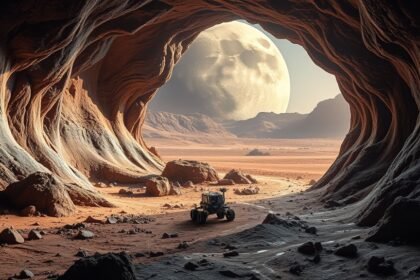 A high-resolution image of a lava tube on Mars or the Moon, with a spacecraft or rover exploring the entrance of the tube, and a stunning Martian or lunar landscape in the background.