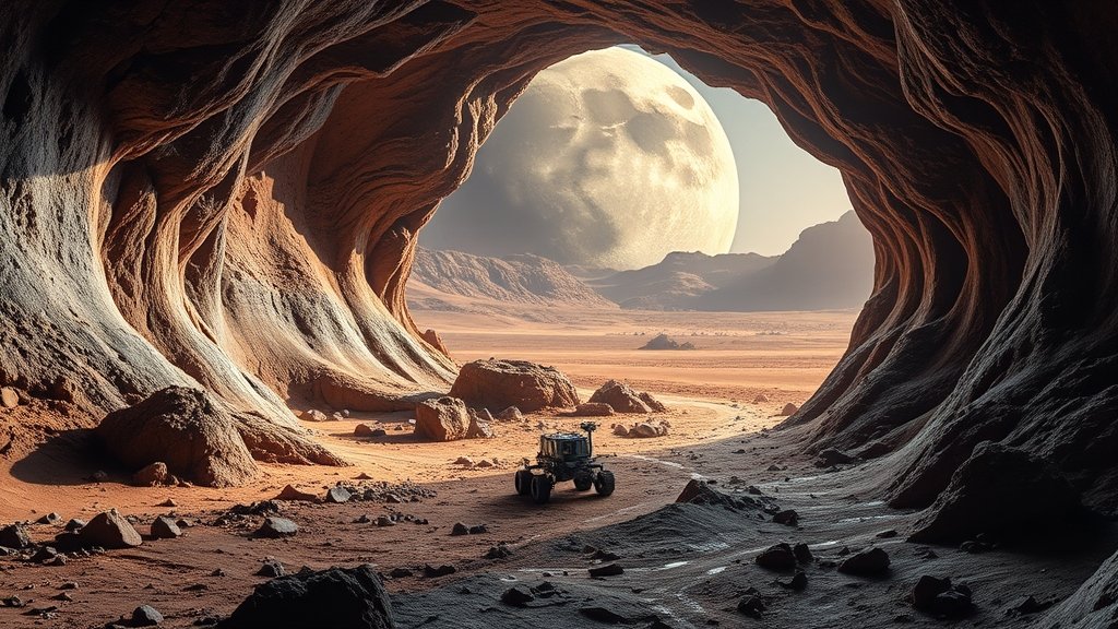 A high-resolution image of a lava tube on Mars or the Moon, with a spacecraft or rover exploring the entrance of the tube, and a stunning Martian or lunar landscape in the background.