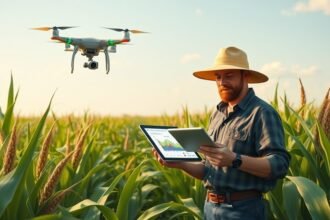 A futuristic illustration of a farmer standing in a maize field, with a tablet in hand, displaying a zero-shot learning model's predictions for crop yield, while a drone flies overhead, collecting data.
