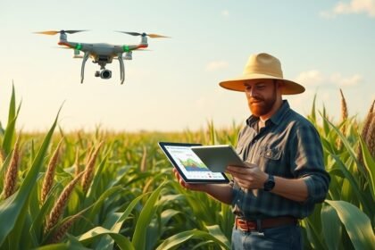 A futuristic illustration of a farmer standing in a maize field, with a tablet in hand, displaying a zero-shot learning model's predictions for crop yield, while a drone flies overhead, collecting data.
