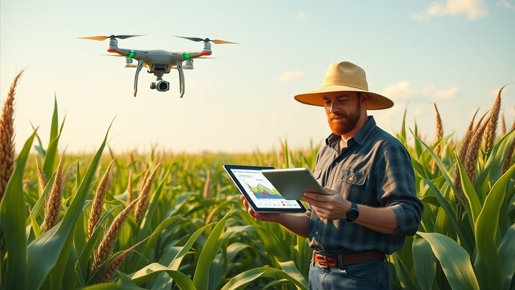 A futuristic illustration of a farmer standing in a maize field, with a tablet in hand, displaying a zero-shot learning model's predictions for crop yield, while a drone flies overhead, collecting data.