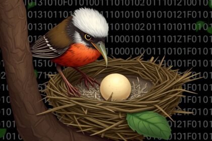 An illustration of a brood parasitic bird laying its egg in another bird's nest, with a genetic code background representing the adaptation process.