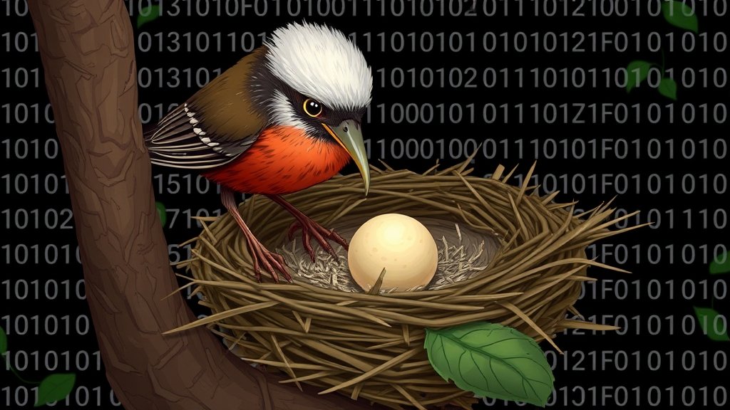 An illustration of a brood parasitic bird laying its egg in another bird's nest, with a genetic code background representing the adaptation process.