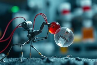 A microscopic image of a multi-material microrobot grabbing and carrying a cell, with a blurred background of a laboratory setting