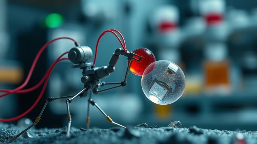 A microscopic image of a multi-material microrobot grabbing and carrying a cell, with a blurred background of a laboratory setting