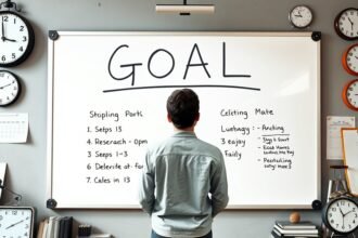 An image of a person standing in front of a whiteboard with a large goal written on it, with smaller steps and deadlines listed below, surrounded by clocks, calendars, and other productivity tools.