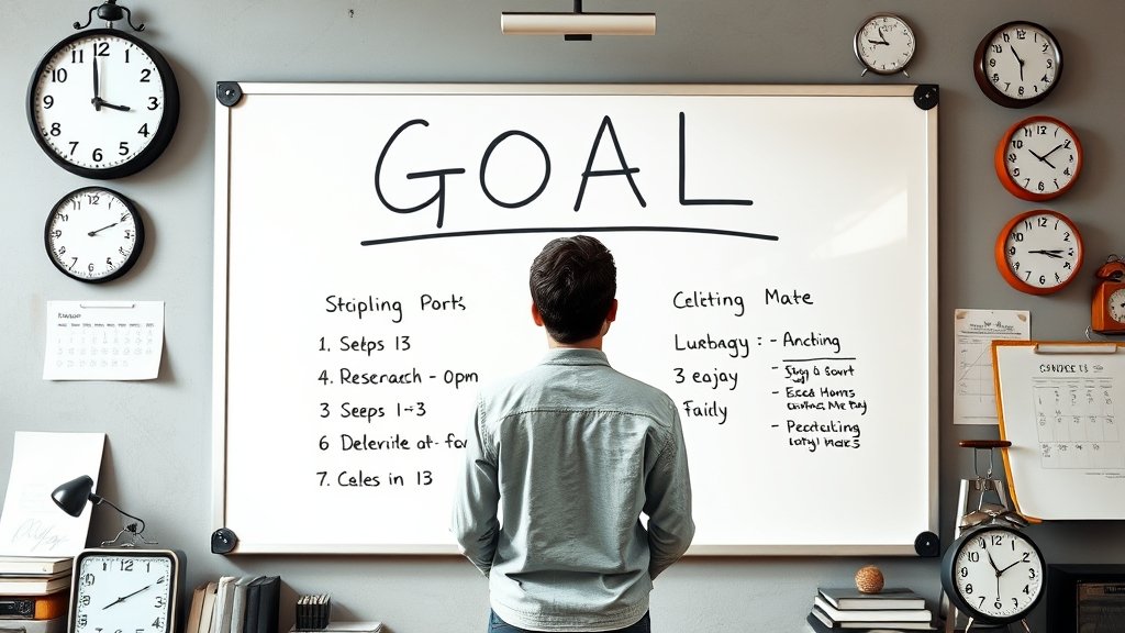 An image of a person standing in front of a whiteboard with a large goal written on it, with smaller steps and deadlines listed below, surrounded by clocks, calendars, and other productivity tools.