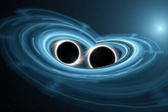 A high-resolution image of two black holes orbiting each other in the vastness of space, with a subtle background of stars and galaxies.