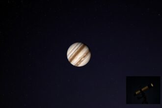 A high-resolution image of the night sky with the planet Harmonia in opposition, with a subtle background of stars and constellations, and a small inset of a telescope observing the event.