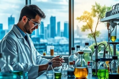 A photo of a chemist working in a laboratory with various equipment and samples, with a cityscape or a natural landscape in the background to represent the impact of chemistry on the environment.