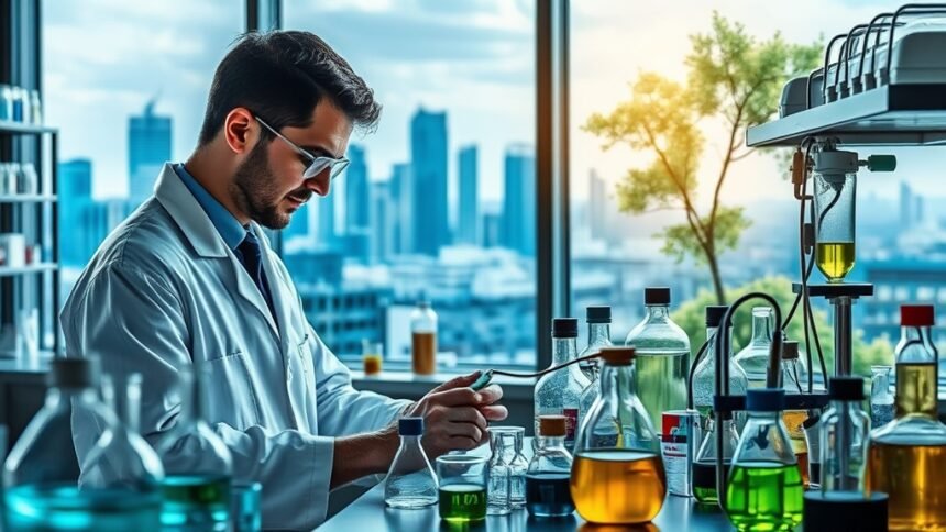 A photo of a chemist working in a laboratory with various equipment and samples, with a cityscape or a natural landscape in the background to represent the impact of chemistry on the environment.