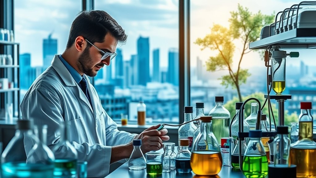 A photo of a chemist working in a laboratory with various equipment and samples, with a cityscape or a natural landscape in the background to represent the impact of chemistry on the environment.