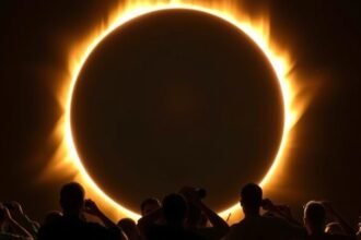 A high-resolution image of the 'Ring of Fire' solar eclipse with a dark sky and a bright ring around the moon, with people in the foreground observing the eclipse with telescopes and binoculars.