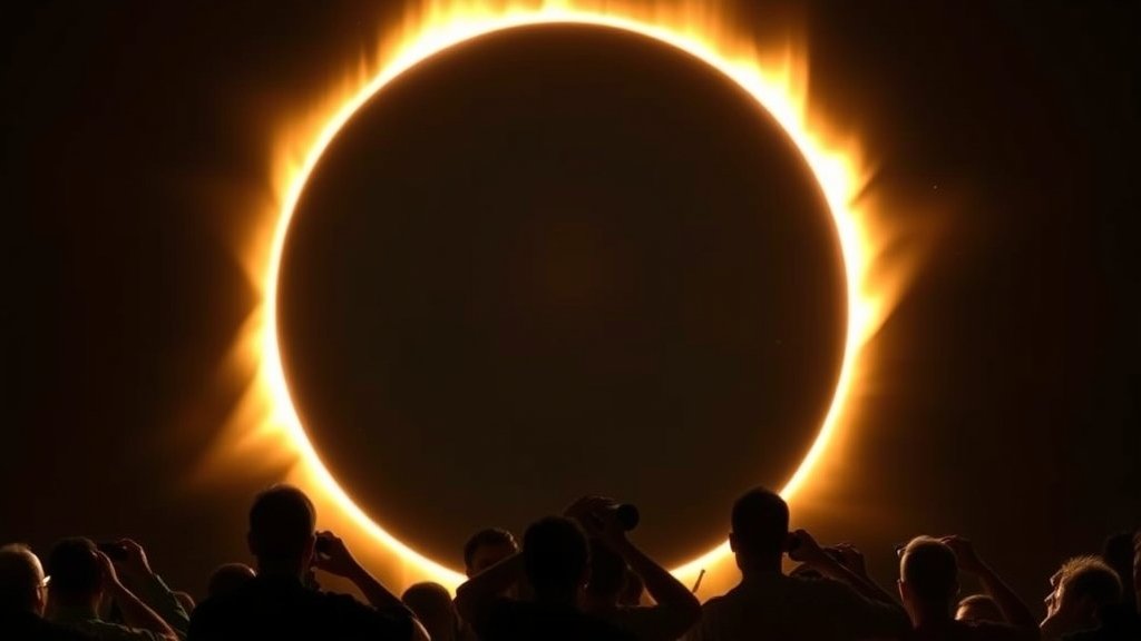 A high-resolution image of the 'Ring of Fire' solar eclipse with a dark sky and a bright ring around the moon, with people in the foreground observing the eclipse with telescopes and binoculars.