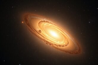 An AI-generated image of the galaxy's center with a strange glow, surrounded by stars and gas, in a dark and mysterious background