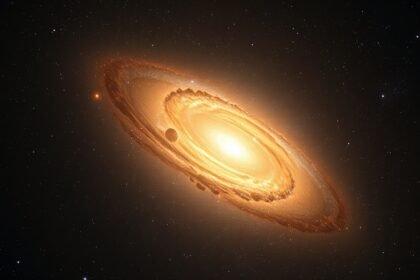 An AI-generated image of the galaxy's center with a strange glow, surrounded by stars and gas, in a dark and mysterious background