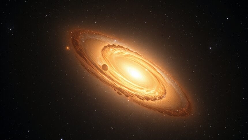 An AI-generated image of the galaxy's center with a strange glow, surrounded by stars and gas, in a dark and mysterious background