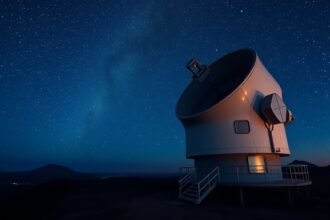 A high-resolution image of a giant telescope in the Canary Islands, with a stunning night sky and stars in the background, and a subtle hint of the island's landscape.