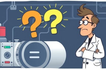 An illustration of a physicist looking at a particle accelerator with a puzzled expression, with a large question mark hovering above the accelerator.