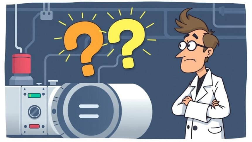 An illustration of a physicist looking at a particle accelerator with a puzzled expression, with a large question mark hovering above the accelerator.