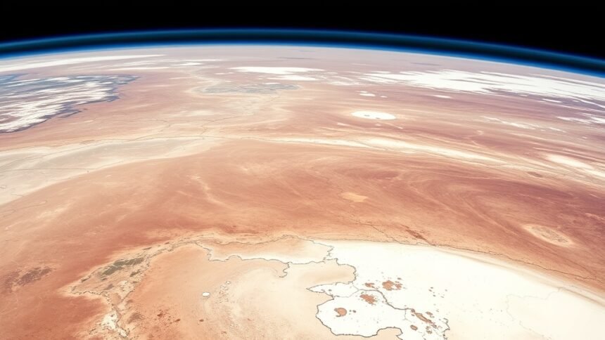 A high-resolution image of Lake Eyre in Australia, with a mix of dry and wet areas, and a NASA satellite in the background, to represent the intersection of science and nature.
