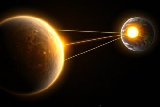 An illustration of two stars passing close to the Sun, with the Earth in the background, highlighting the significance of this event in making our planet habitable.