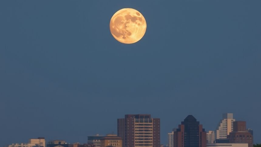 A high-resolution image of the full wolf supermoon rising over a cityscape with a clear sky, showcasing the moon's majestic size and brightness.