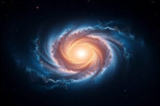 A high-resolution image of the James Webb Telescope capturing a stunning spiral galaxy with vibrant colors and intricate details, set against a dark background with stars and other celestial objects.