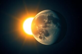 An illustration of the Earth at perihelion, with the sun in the background, and a large moon in the foreground, with a subtle glow to represent the brightest moon of the year.