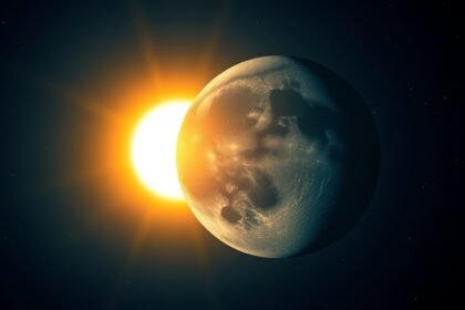 An illustration of the Earth at perihelion, with the sun in the background, and a large moon in the foreground, with a subtle glow to represent the brightest moon of the year.