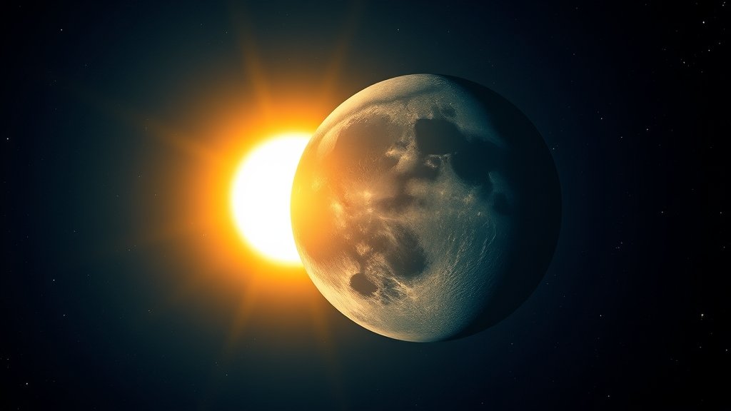 An illustration of the Earth at perihelion, with the sun in the background, and a large moon in the foreground, with a subtle glow to represent the brightest moon of the year.