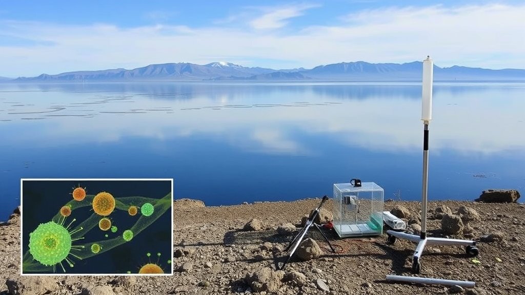 A photograph of the Great Salt Lake with a illustration of biomarkers and limnological research equipment in the foreground, highlighting the intersection of natural and scientific elements.