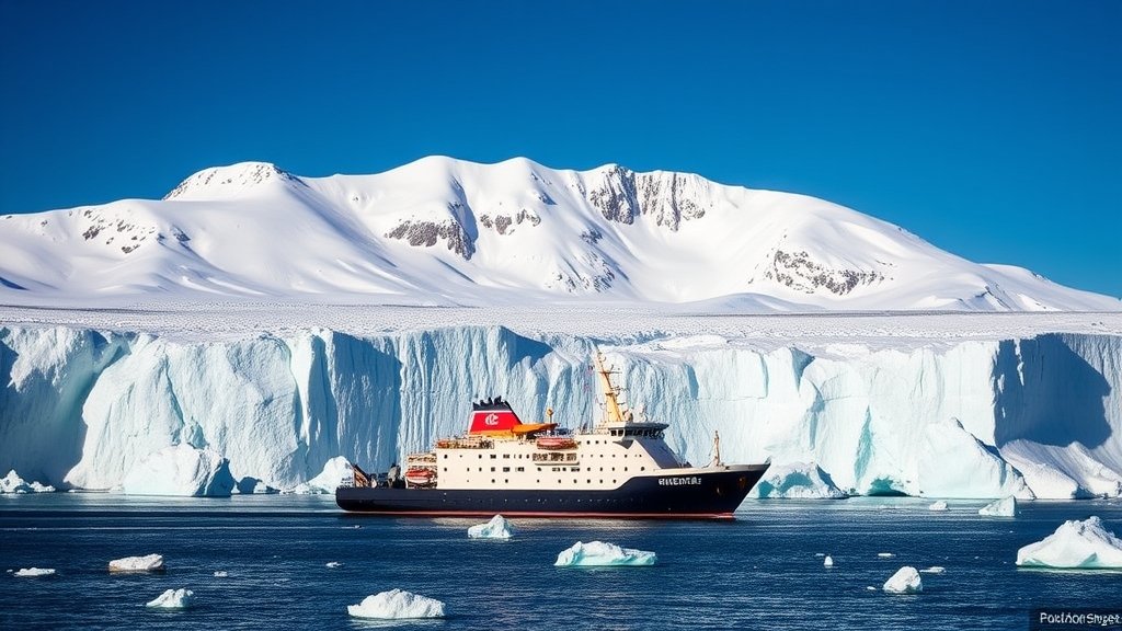 A dramatic image of the Thwaites Glacier in Antarctica with a research ship in the foreground, surrounded by icebergs and a clear blue sky.