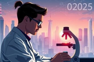A futuristic illustration of a scientist looking at a microscope with a cityscape in the background, representing the intersection of science and technology in 2025.