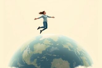 An illustration of a person floating in mid-air with a subtle background of the Earth, symbolizing defying gravity, incorporating elements of science and technology.