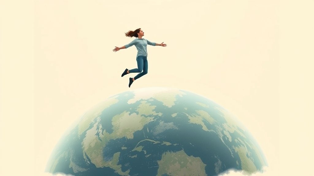 An illustration of a person floating in mid-air with a subtle background of the Earth, symbolizing defying gravity, incorporating elements of science and technology.