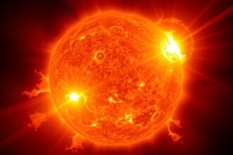 A high-resolution image of the Sun with solar flares and sunspots, taken from a space observatory, with a subtle background of the Earth or a planetary body.