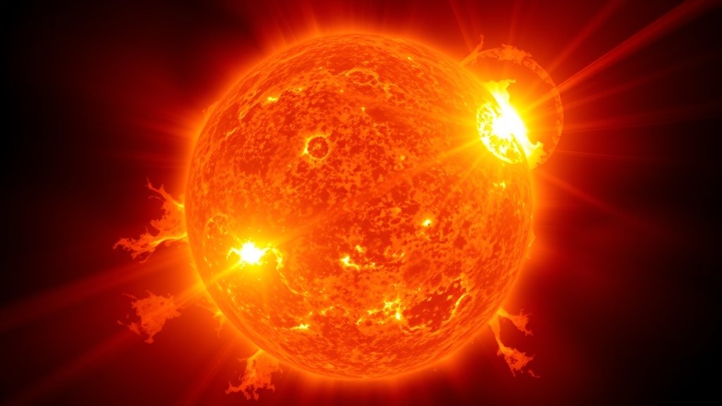 A high-resolution image of the Sun with solar flares and sunspots, taken from a space observatory, with a subtle background of the Earth or a planetary body.
