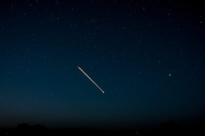 A stunning image of a meteor shower in the night sky, with a few meteors streaking across the stars, and a subtle hint of the Indian landscape in the foreground.