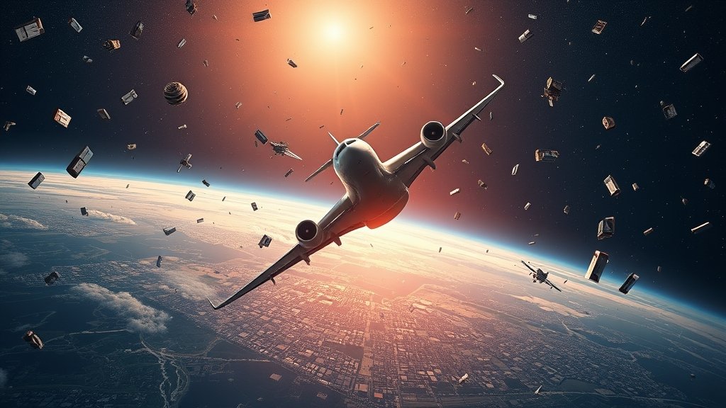 A dramatic illustration of a plane flying through a field of space debris in Earth's orbit, with a cityscape in the background, highlighting the risks of collision and the importance of addressing space junk.