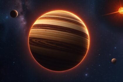 An artist's illustration of a rogue planet drifting through the galaxy, with a nearby star and other celestial objects in the background.