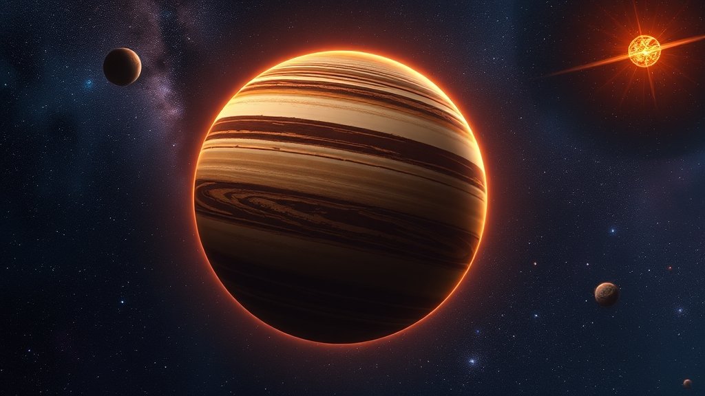 An artist's illustration of a rogue planet drifting through the galaxy, with a nearby star and other celestial objects in the background.