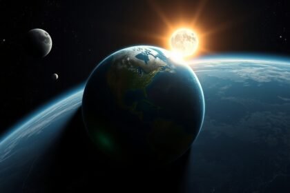A dramatic illustration of the Earth from space with the sun and moon aligned during a solar eclipse, with stars and planets visible in the background, conveying a sense of awe and wonder.