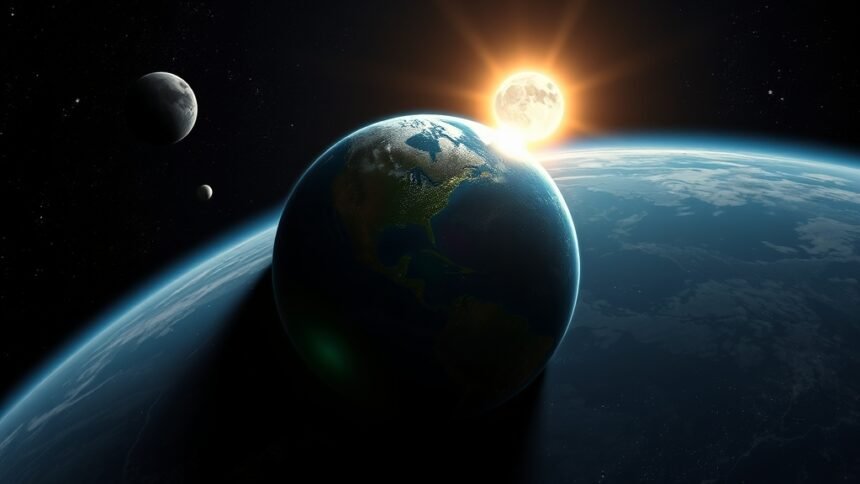 A dramatic illustration of the Earth from space with the sun and moon aligned during a solar eclipse, with stars and planets visible in the background, conveying a sense of awe and wonder.
