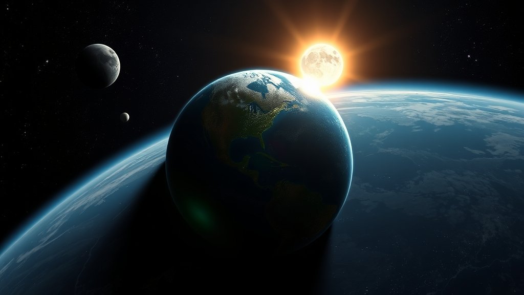 A dramatic illustration of the Earth from space with the sun and moon aligned during a solar eclipse, with stars and planets visible in the background, conveying a sense of awe and wonder.