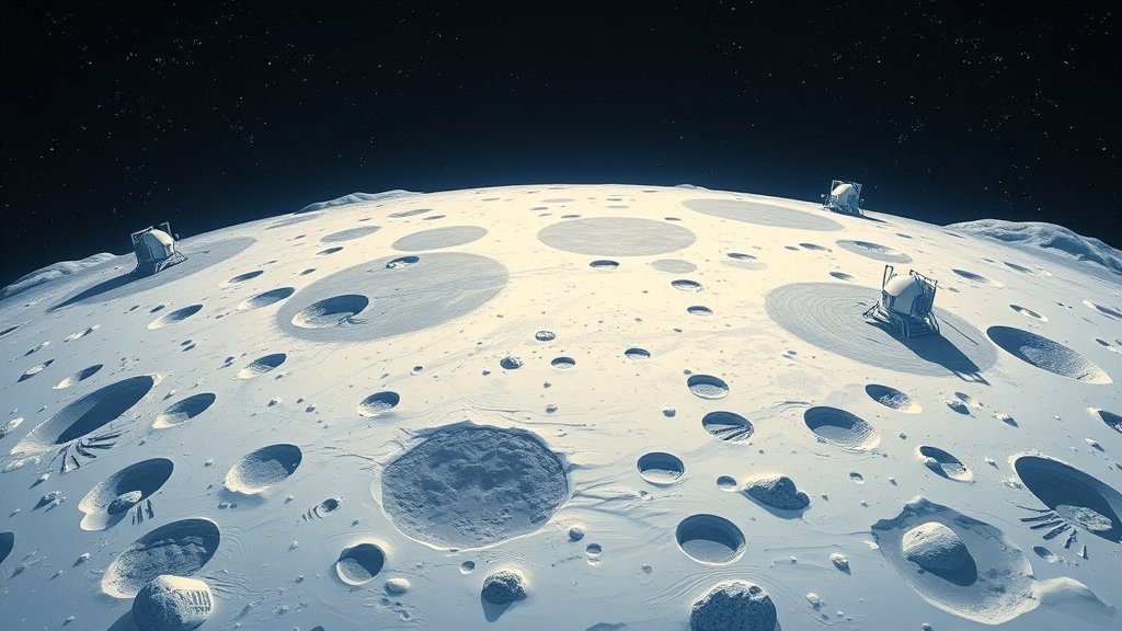 An illustration of the Moon's surface with a subtle quake or tremor, surrounded by astronaut footprints and lunar modules, under a starry night sky.