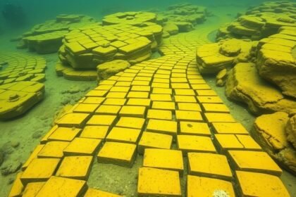 A detailed image of the yellow brick road on the ocean floor, with a submarine or underwater vehicle in the background, highlighting the unique geological formation.