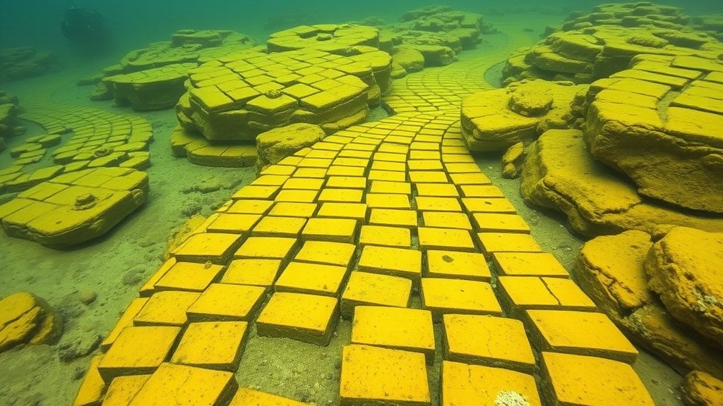 A detailed image of the yellow brick road on the ocean floor, with a submarine or underwater vehicle in the background, highlighting the unique geological formation.