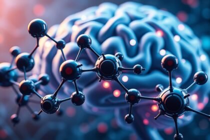 A futuristic illustration of molecular electronics and neuromorphic computing devices with a brain-like structure in the background, showcasing the concept of shape-shifting molecules and intelligent materials.